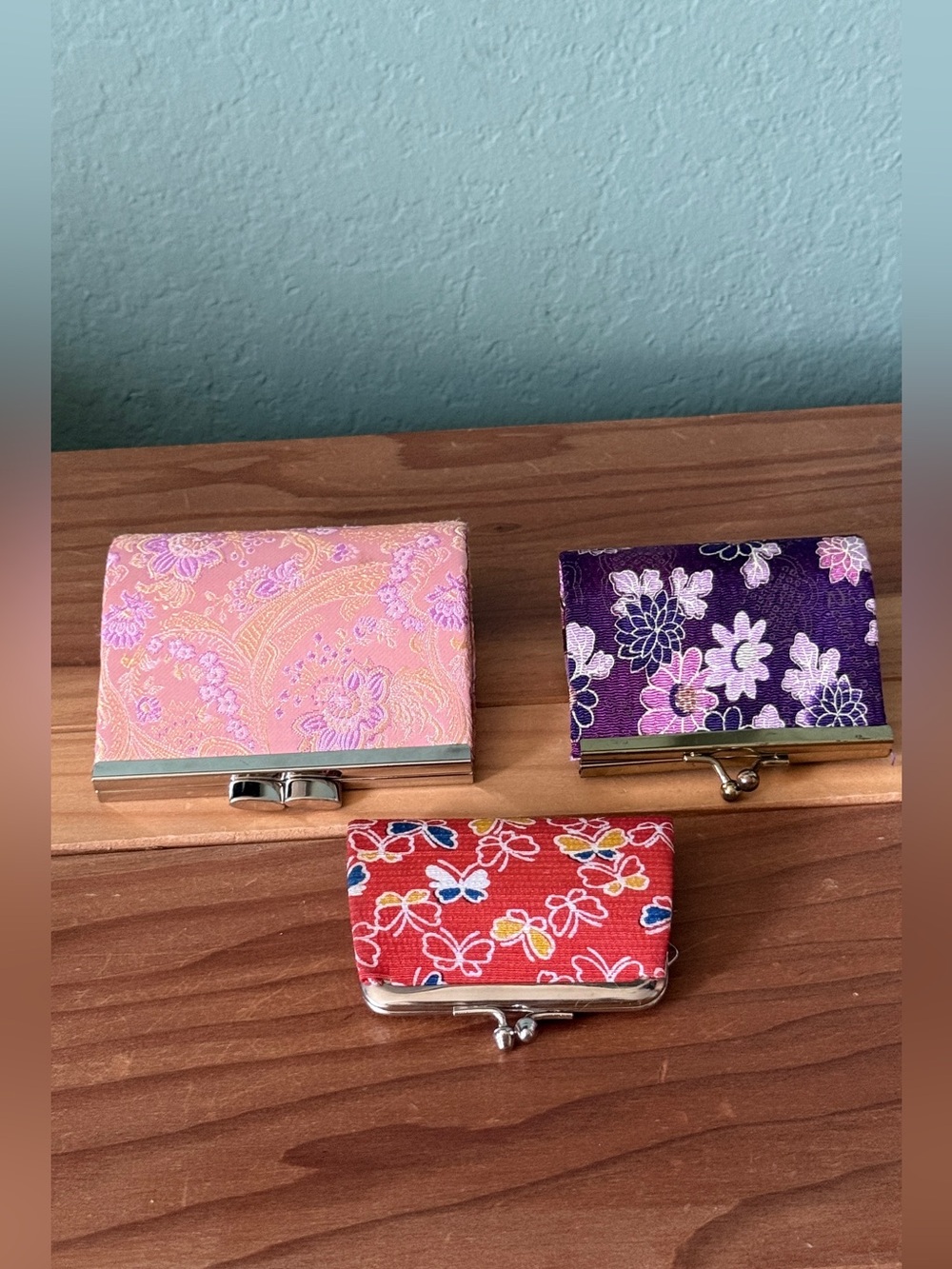 Set of 3 Silk Coin Purses Kiss Lock Floral Japanese Style 3”-4” Vintage